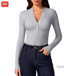 Long Sleeve V-Neck Ribbed Knit Slim Fit Button Down Tee Top